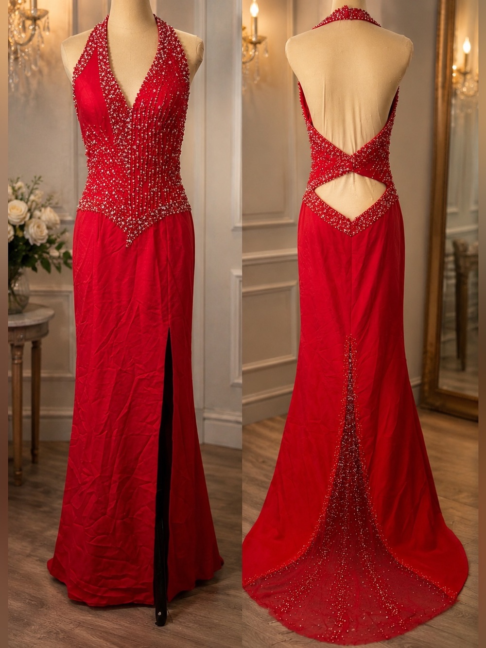 Red Y2K Cutout Back Beaded Embellished Rhinestone Halter Evening Formal Dress